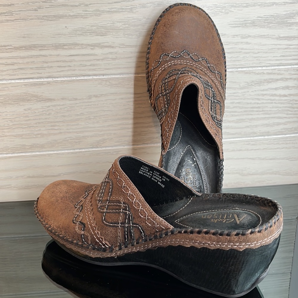 Clarks Artisan Brown Distressed‎ Stich Wedge Mules Clogs 8.5M - Picture 5 of 7
